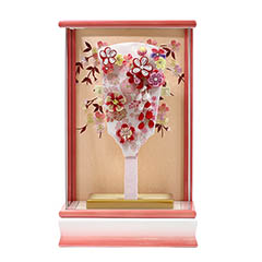 羽子板: つまみ細工 羽子板 赤 パール白/ピンク塗り アクリルケース飾り