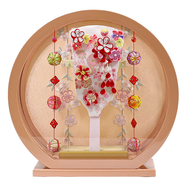 つまみ細工 羽子板 赤 パールピンク塗り 鞠三連つるし付き 円形 丸型アクリルケース飾り