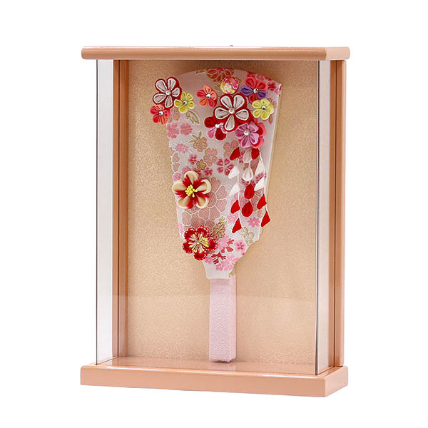 東玉　 羽子板　つまみ細工 羽子板 赤 壁掛け 額飾り パールピンク塗り アクリルケース飾り　詳細画像