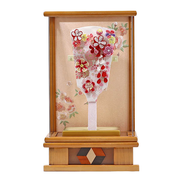 つまみ細工 羽子板 赤 杏 木目 アクリルケース飾り