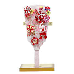 羽子板: つまみ細工 羽子板 赤 飾り台セット