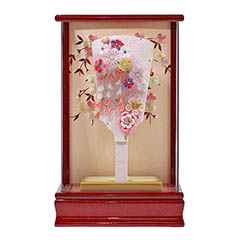 羽子板: つまみ細工 羽子板 ピンク 赤パール塗り アクリルケース飾り