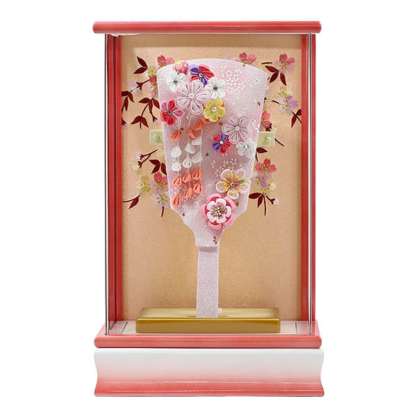 つまみ細工 羽子板 ピンク パール白/ピンク塗り アクリルケース飾り