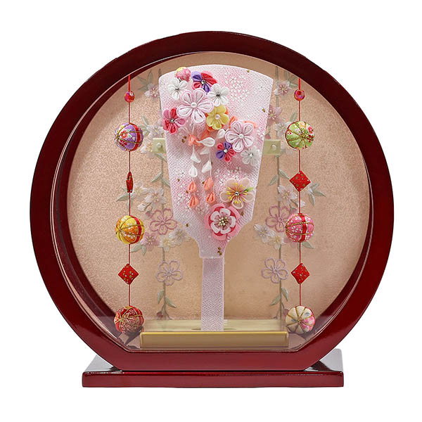 つまみ細工 羽子板 ピンク 白檀塗り 鞠三連つるし付き 円形 丸型アクリルケース飾り