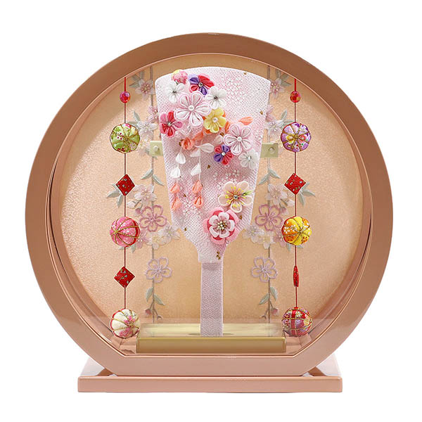 つまみ細工 羽子板 ピンク パールピンク塗り 鞠三連つるし付き 円形 丸型アクリルケース飾り