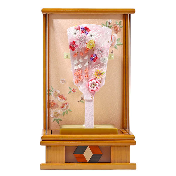 つまみ細工 羽子板 ピンク 杏 木目 アクリルケース飾り