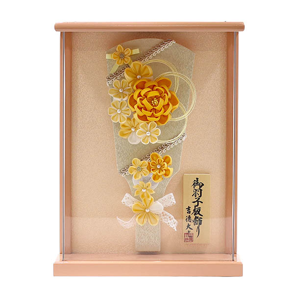 つまみ細工 髪飾り 羽子板 イエロー 壁掛け 額飾り パールピンク塗り アクリルケース