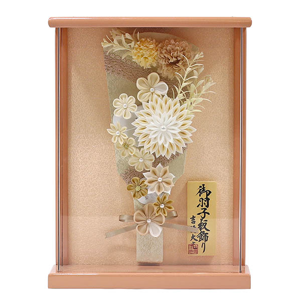 つまみ細工 髪飾り 羽子板 アイボリー 壁掛け 額飾り パールピンク塗り アクリルケース