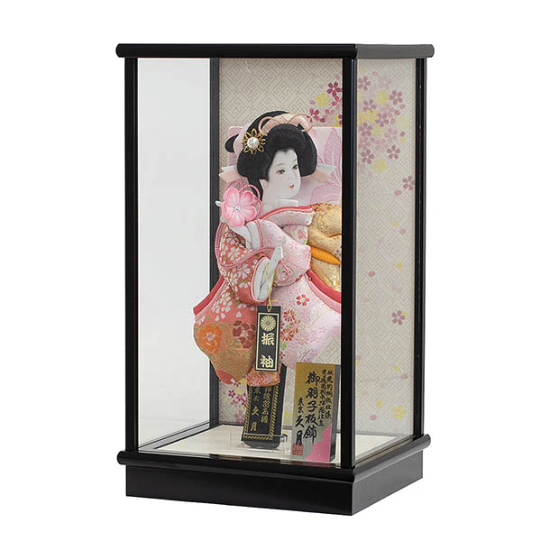 久月　 羽子板　金襴振袖 春桜A 黒塗 ガラスケース飾り　詳細画像