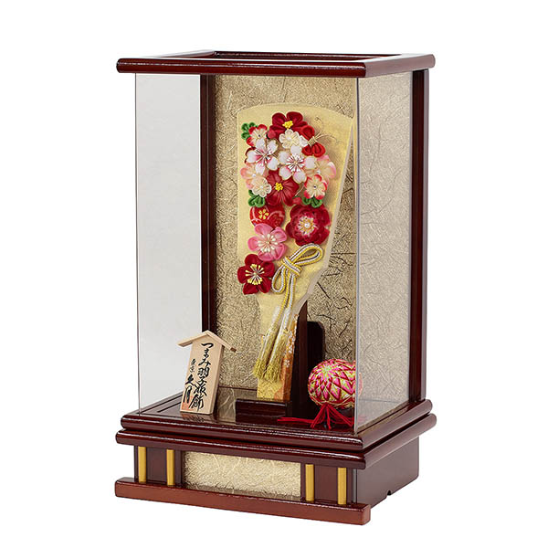 久月　 羽子板　つまみ細工 羽子板 金赤花 花梨塗り アクリルケース　詳細画像