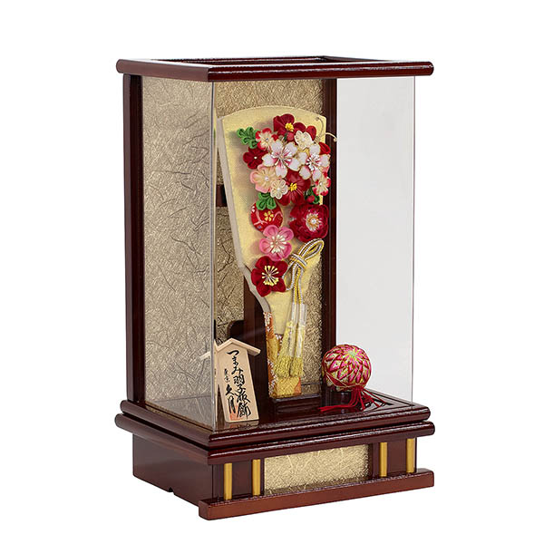 久月　 羽子板　つまみ細工 羽子板 金赤花 花梨塗り アクリルケース　詳細画像
