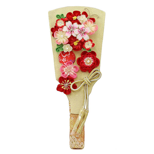 久月　 羽子板　つまみ細工 羽子板 金赤花 花梨塗り アクリルケース　詳細画像