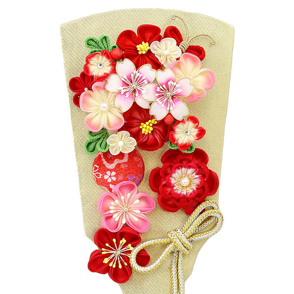 久月　 羽子板　つまみ細工 羽子板 金赤花 花梨塗り アクリルケース　詳細画像