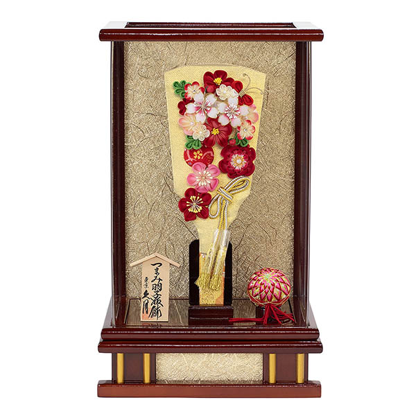 つまみ細工 羽子板 金赤花 花梨塗り アクリルケース