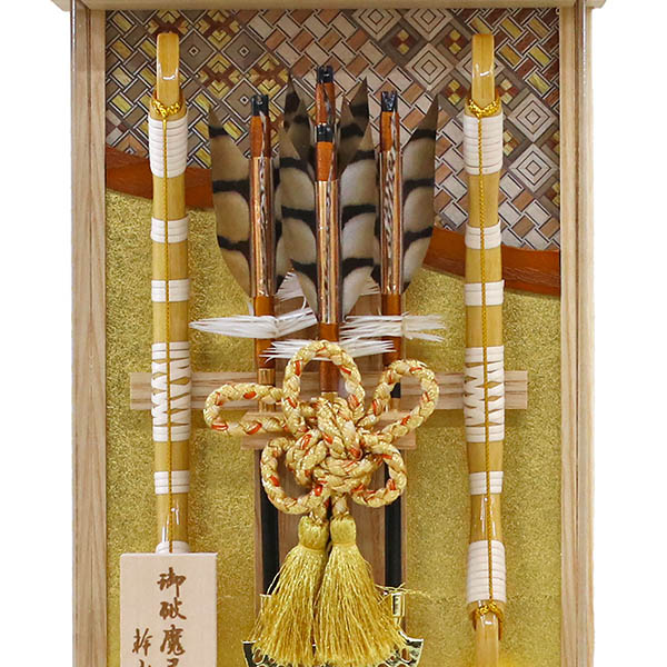 幹山　 破魔弓　壁掛け 額飾り 絃 白木 寄木細工 金バック アクリルケース飾り　詳細画像