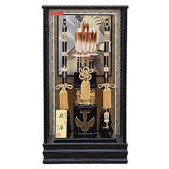 破魔弓: 北斗 岩鷹柄彫金バック 黒木目 面取り ガラスケース飾り