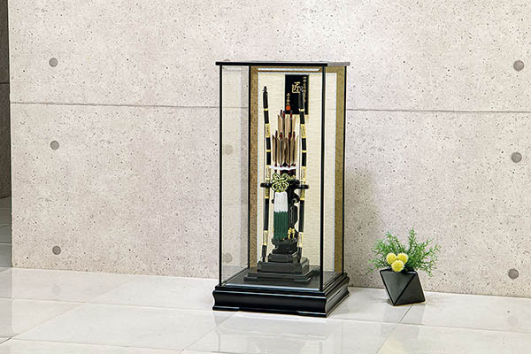 平安豊久　 破魔弓　破魔弓工房 寿々登 1/4 匠 木製籐巻弓 水鳥鴨羽根 面取り ガラスケース飾り　詳細画像