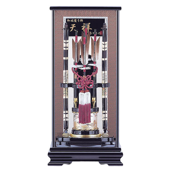 破魔弓工房 寿々登 天祥 木製籐巻弓 花紋羽 面取り ガラスケース飾り