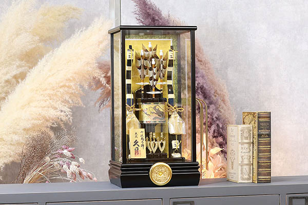 久月　 破魔弓　鳥羽A 本籐巻 彫金 面取りガラスケース　詳細画像