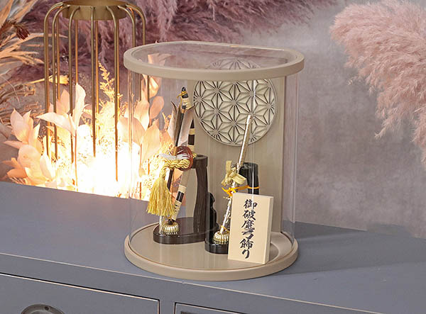 美光　 破魔弓　瑞祥 黒 モカ塗り まどか 麻の葉文様 円形 筒型 アクリルケース　詳細画像